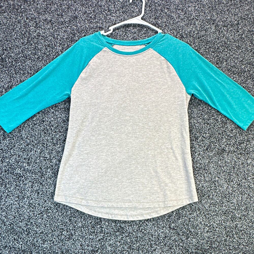 Danskin Now Womens Medium 8-10 Raglan Shirt Gray Teal 3/4 Sleeve Loose Fit